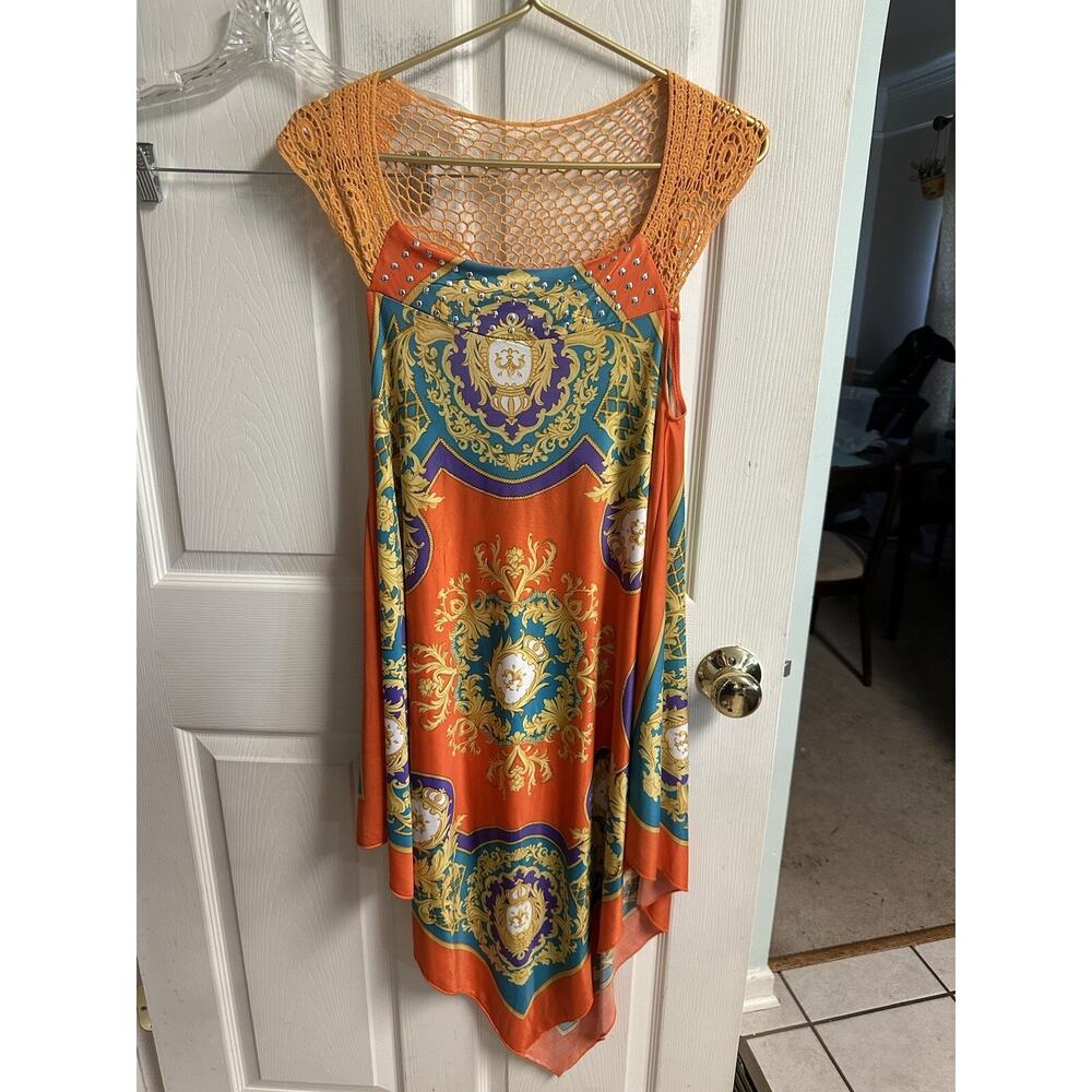 Magic Brand Hanky Hem Dress Poly Handkerchief Orange Cruise Studded Y2k Festival